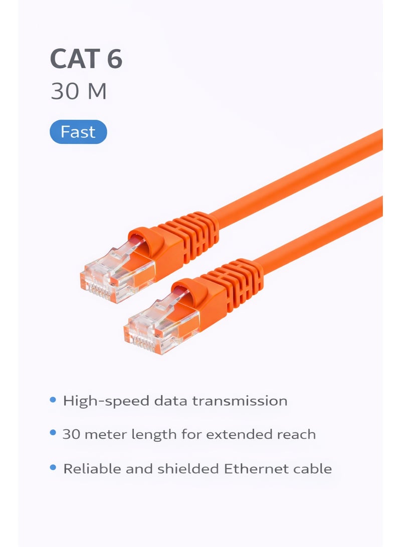 تيسو كابل إيثرنت CAT 6، 30 متر – نقل بيانات عالي السرعة، معتمد من UL، خالي من المسامير، مع جهات ذهبية مغطاة - Image 1
